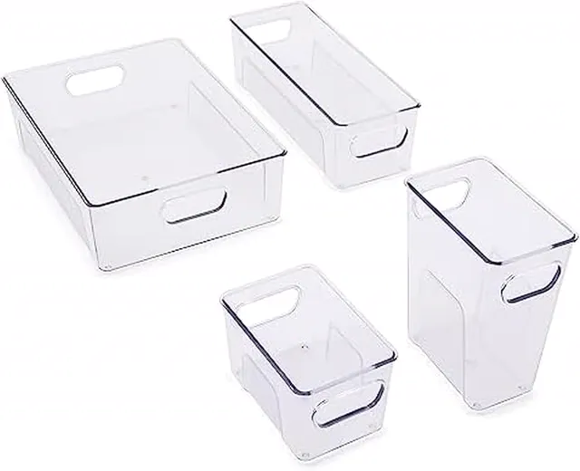 Copco Mini Fridge Bin Set of 4 - Clear Refrigerator Organizers and Storage, Small Medium Large and Tall Bins with Built-In Handles for Kitchen Pantry Bathroom Organization